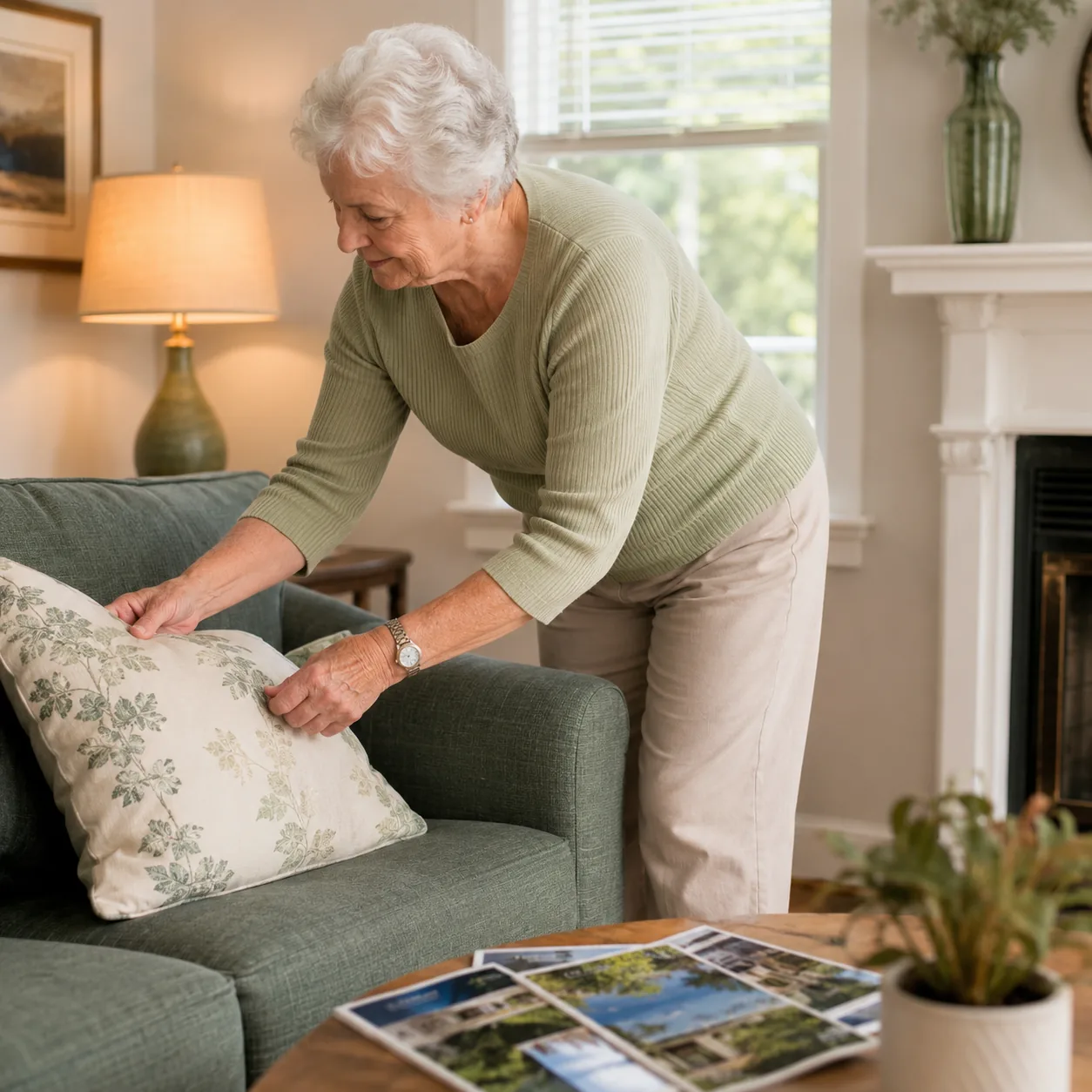 Realistic editorial photo of a retired seller preparing a modest home for showing while glossy community brochures sit n