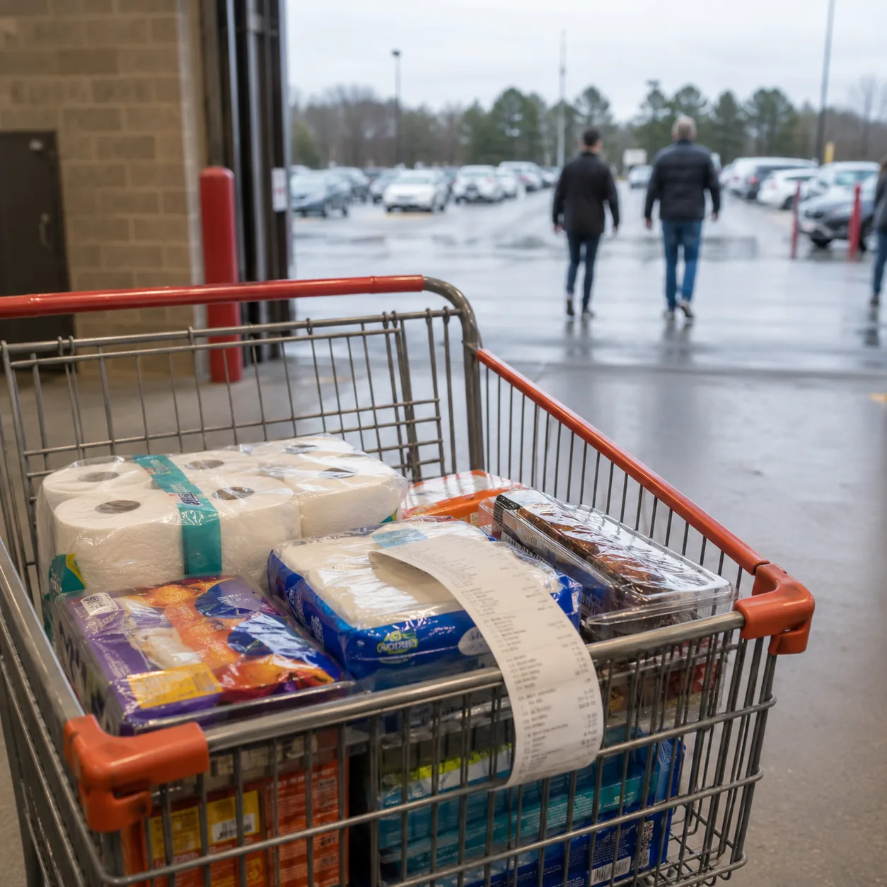 Realistic editorial photo of a shopping cart near a warehouse exit with a receipt and packaged goods, practical consumer
