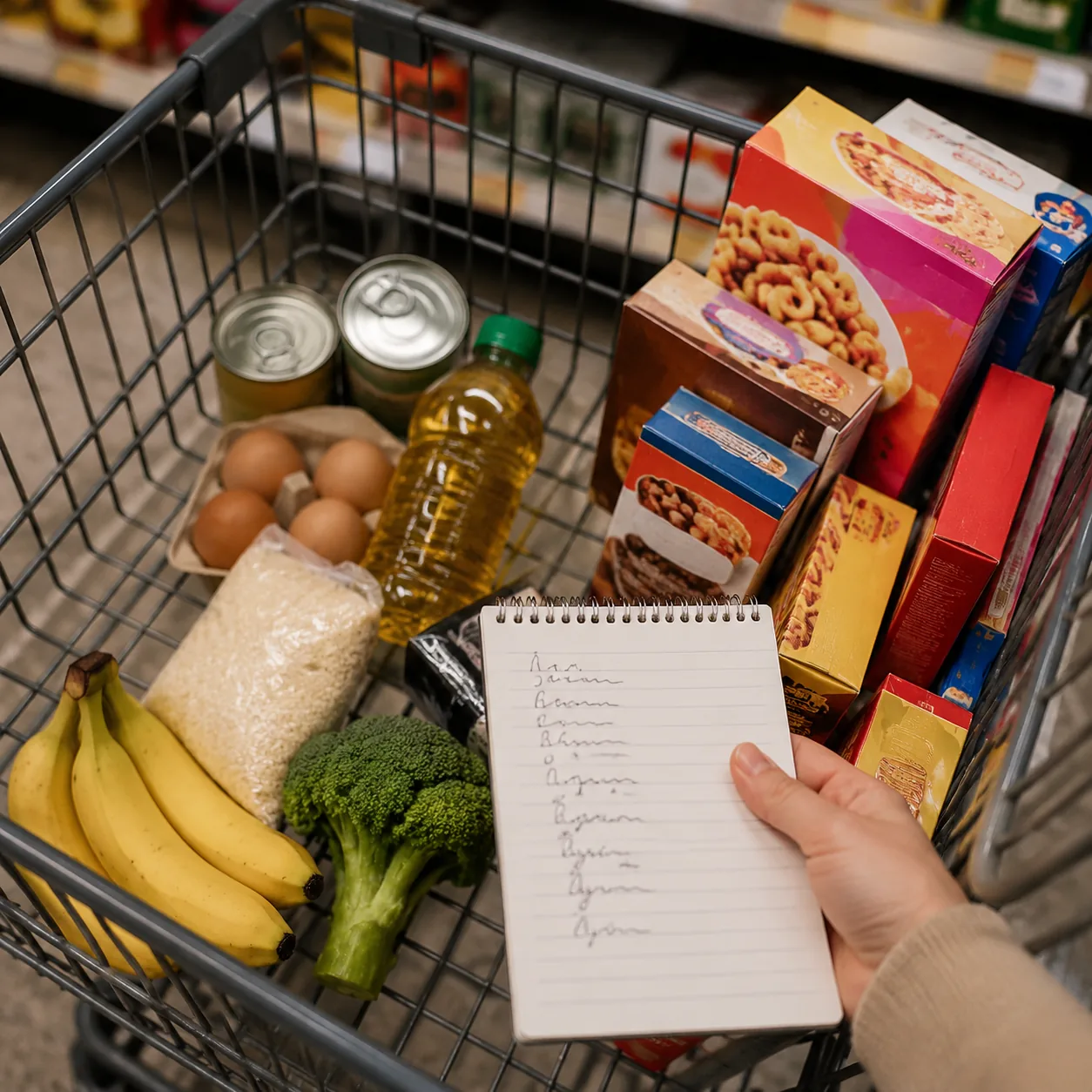 Realistic editorial photo of a shopping cart with a few planned staples and several impulse boxes beside a handwritten l