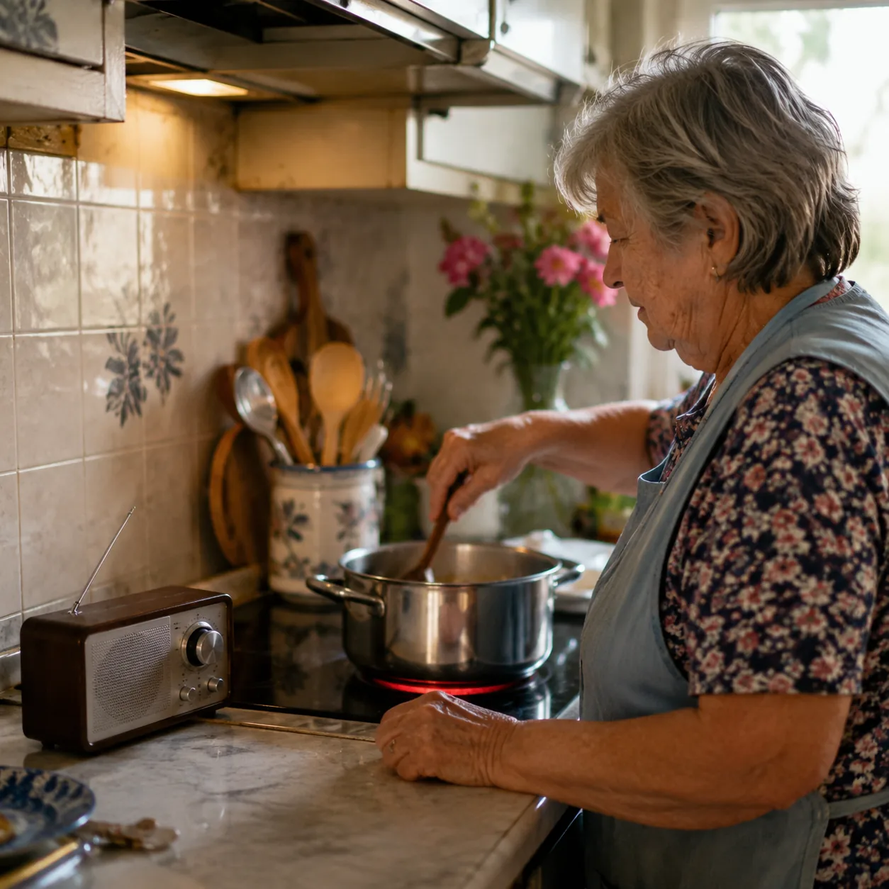 Realistic editorial photo of a small kitchen radio playing near a stove while an older woman cooks, warm natural light,