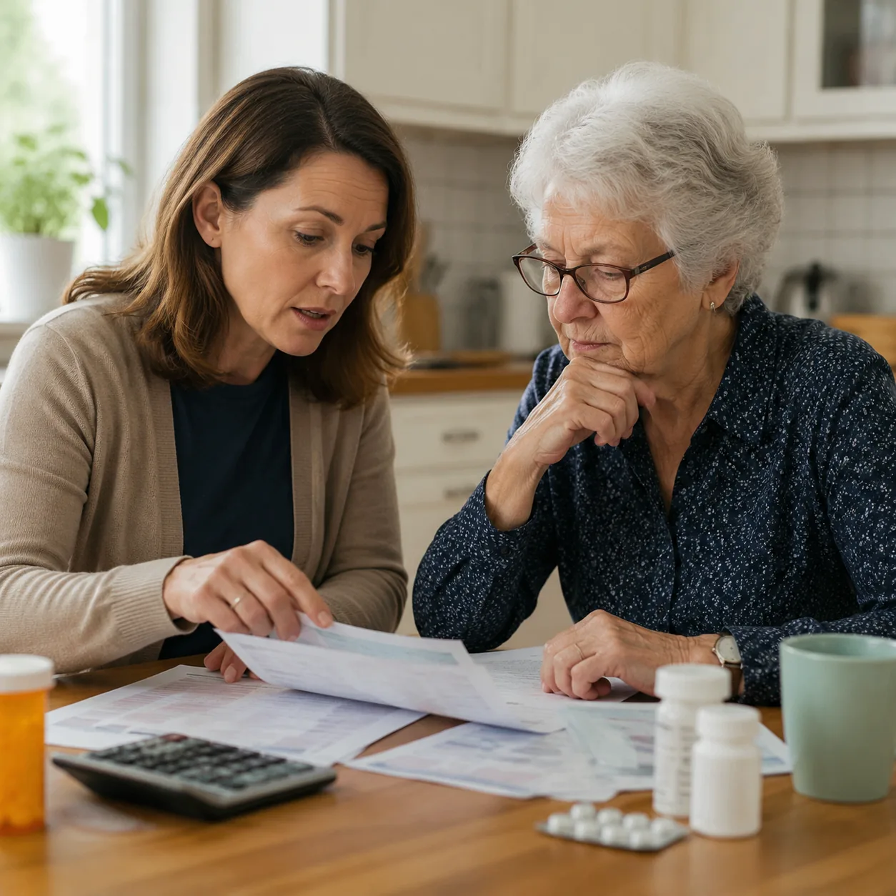 Realistic editorial photo of an adult child helping an older parent review pension, Social Security, and medication expe