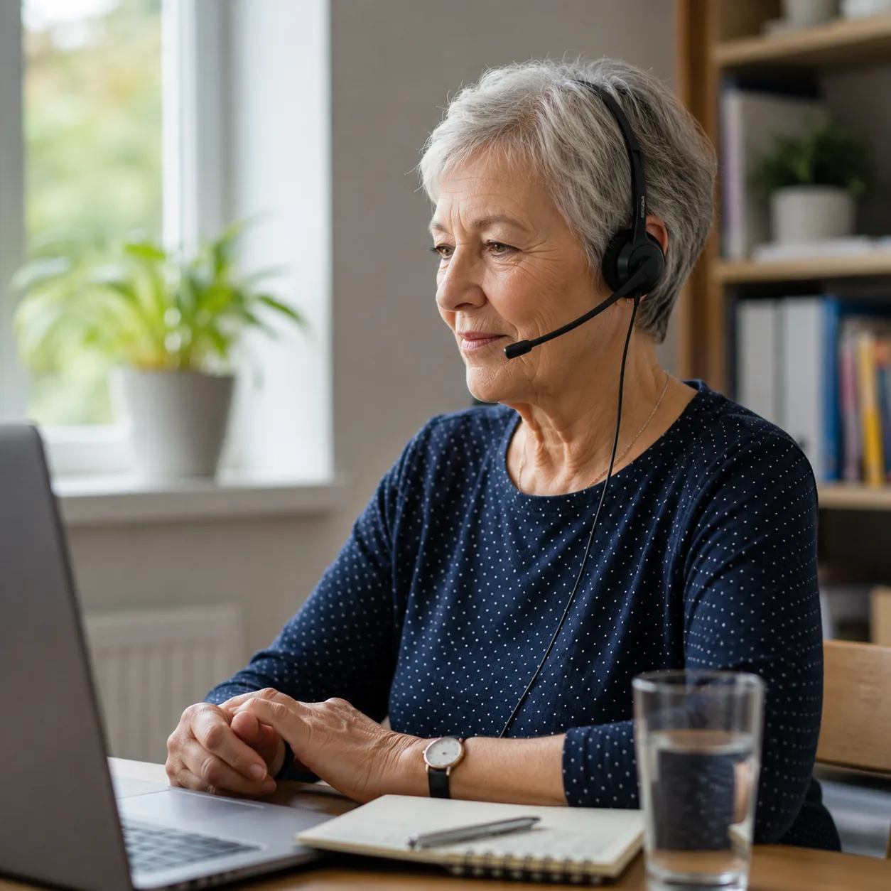 Realistic editorial photo of an older call center representative wearing a headset at a small desk with notebook and wat