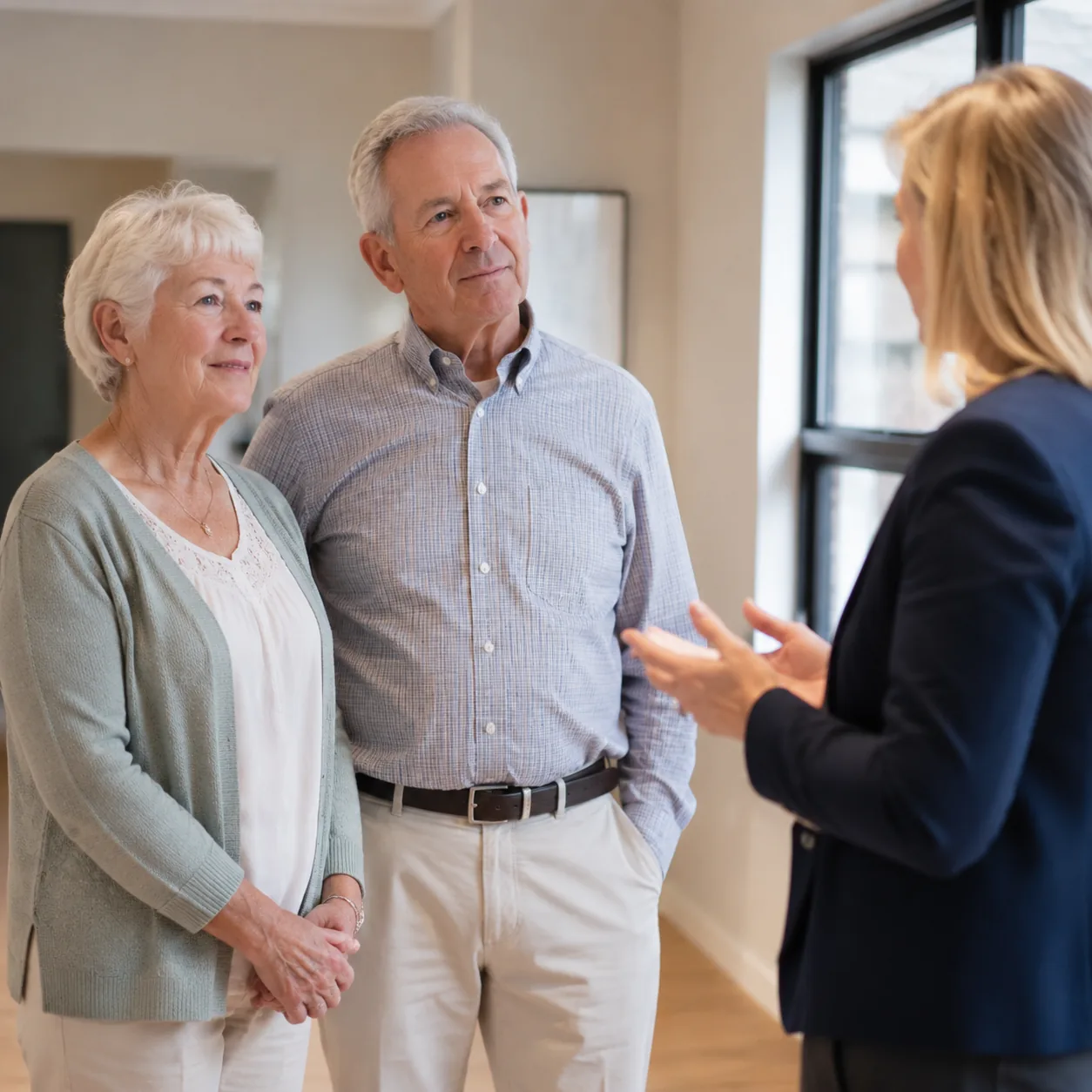 Realistic editorial photo of an older couple pausing during a retirement community tour while listening carefully to a s