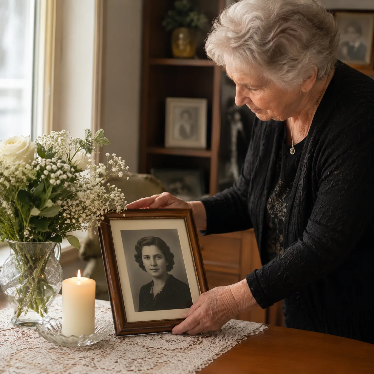 Realistic editorial photo of an older grandparent placing a framed photo on a table beside a candle and flowers, warm na