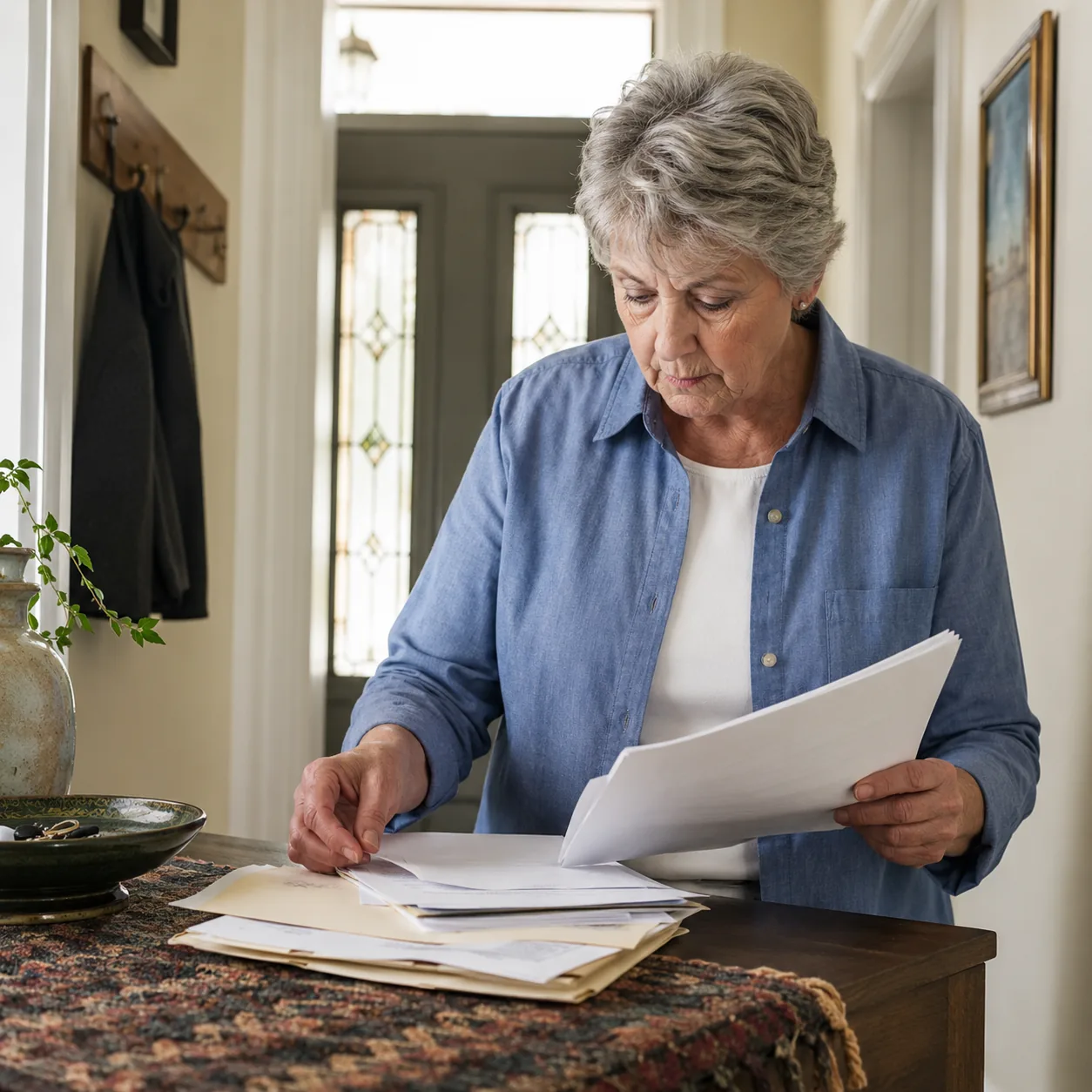 Realistic editorial photo of an older homeowner organizing insurance papers and spare key forms near a front entry table