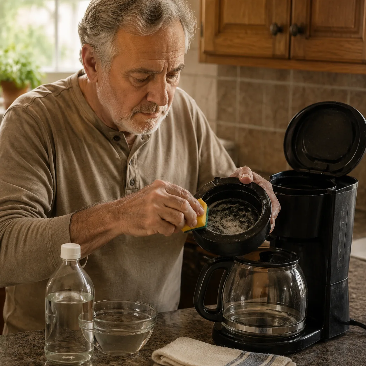 Realistic editorial photo of an older man cleaning mineral scale from a simple coffee maker on a kitchen counter, warm n