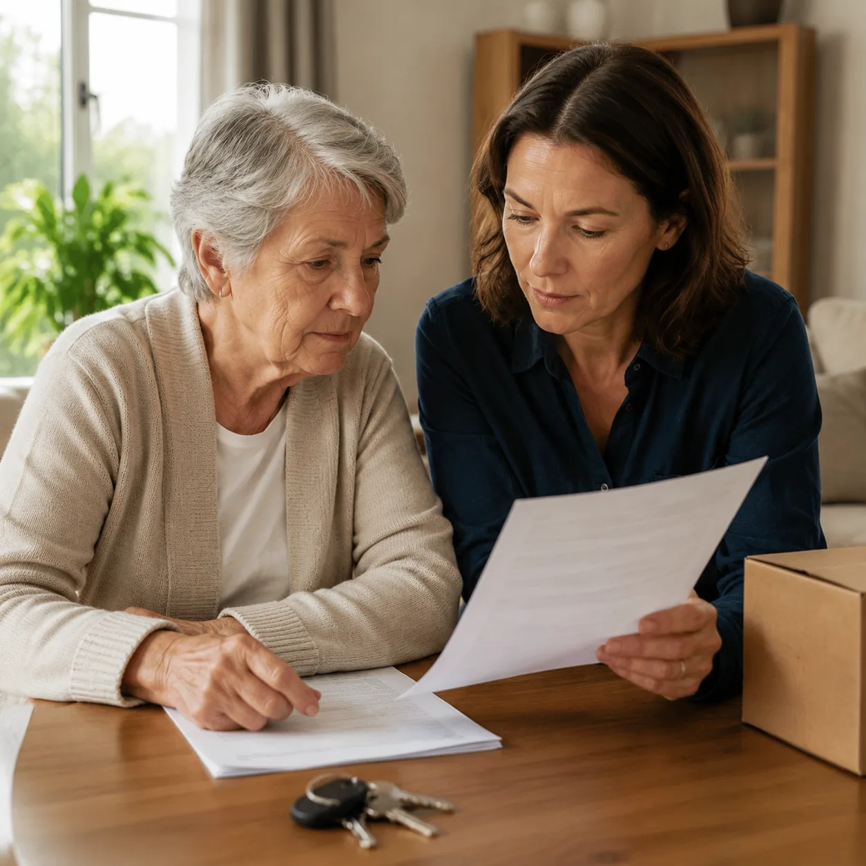 Realistic editorial photo of an older parent and adult child reviewing deposit paperwork beside keys and a small moving