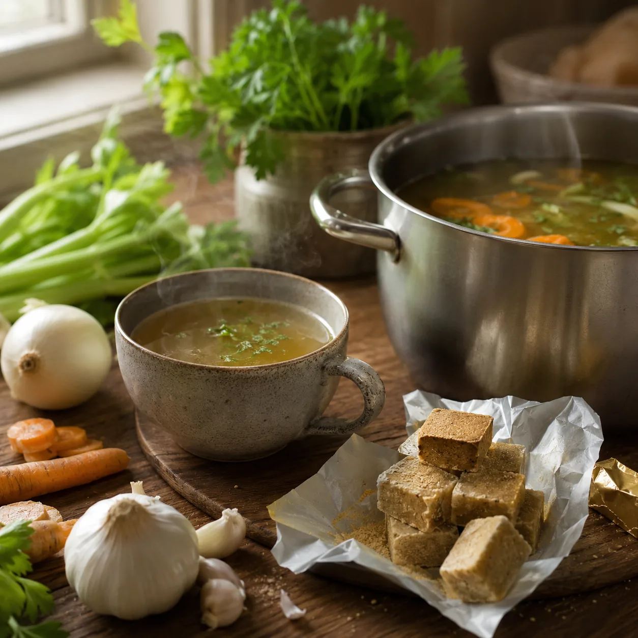 Realistic editorial photo of bouillon cubes beside a steaming mug of broth, soup vegetables, and a small stockpot, pract
