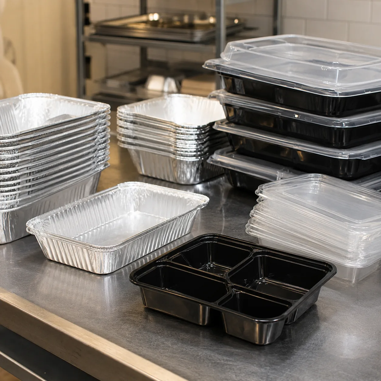 Realistic editorial photo of commercial-size food containers and disposable trays on a prep table, practical event plann