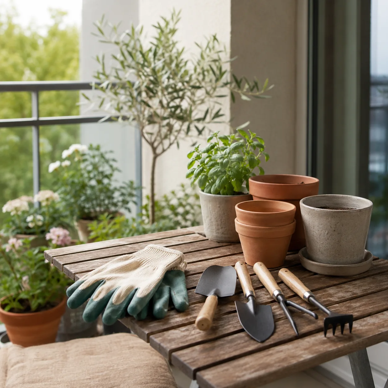 Realistic editorial photo of compact gardening tools, gloves, and small pots on a balcony table in a downsized home, pra