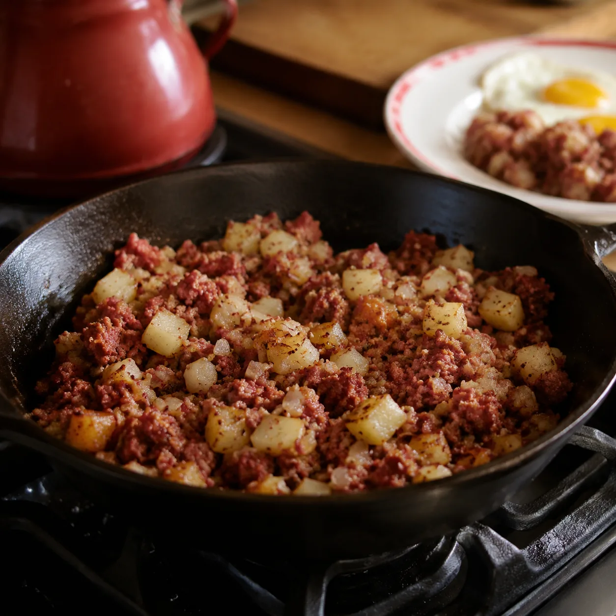Realistic editorial photo of corned beef hash frying with potatoes and onions in a cast iron skillet, practical retro su