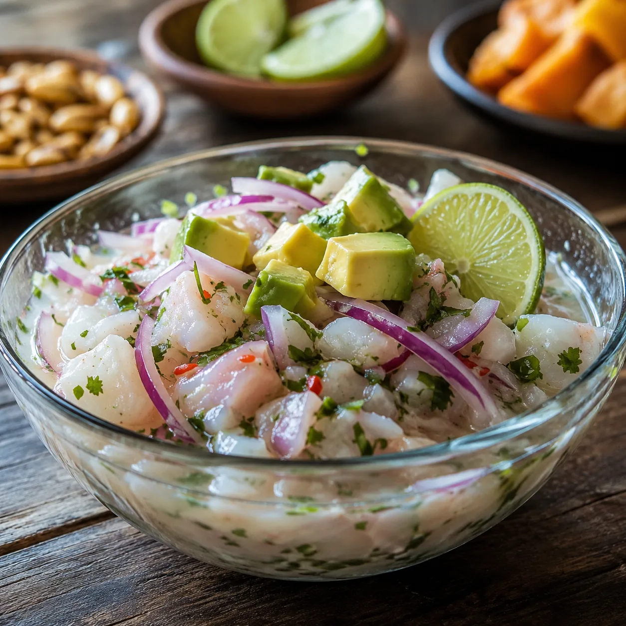 Realistic editorial photo of fresh ceviche with lime, cilantro, red onion, and avocado served in a glass bowl, warm natu