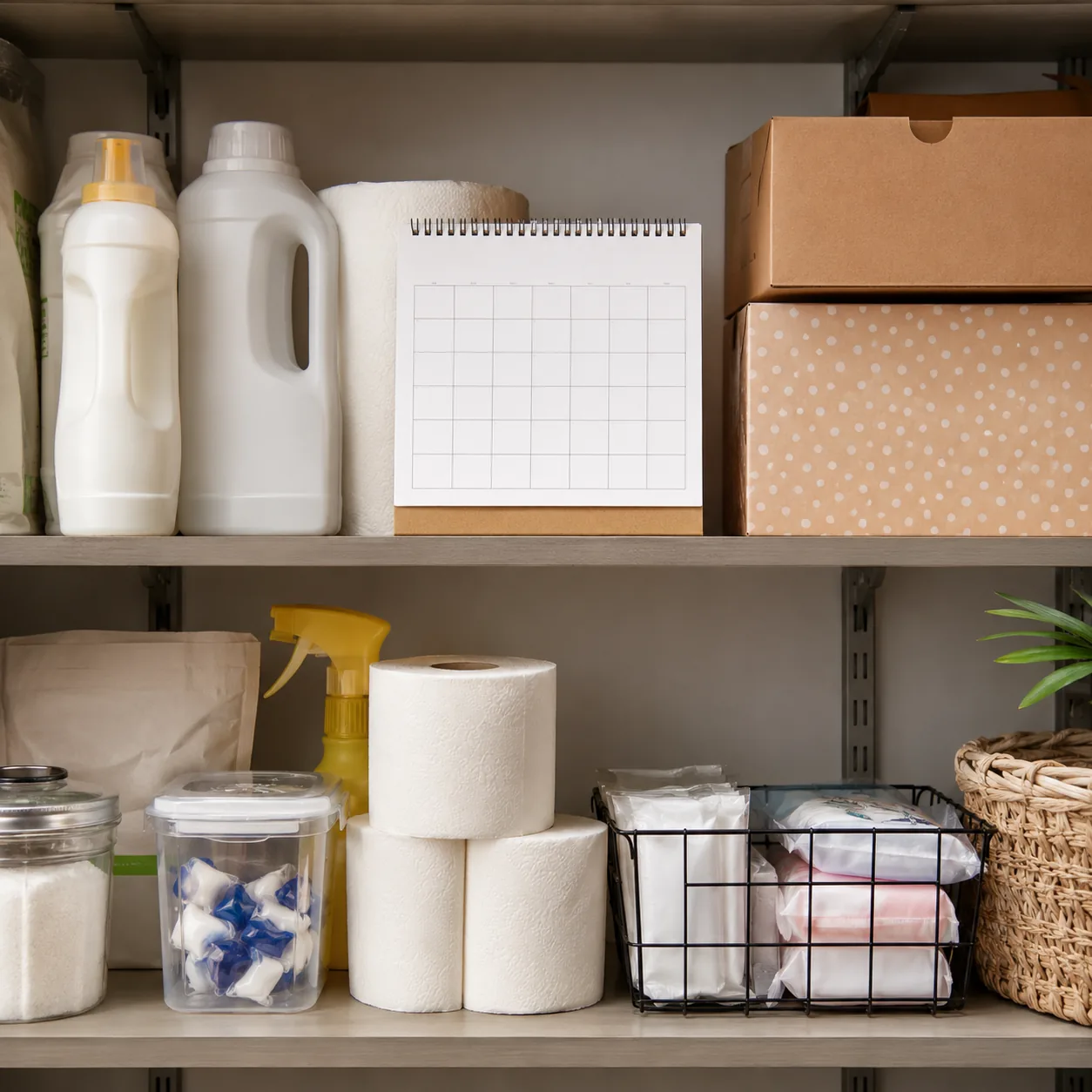 Realistic editorial photo of household essentials, calendar, and subscription boxes on a pantry shelf, practical home bu
