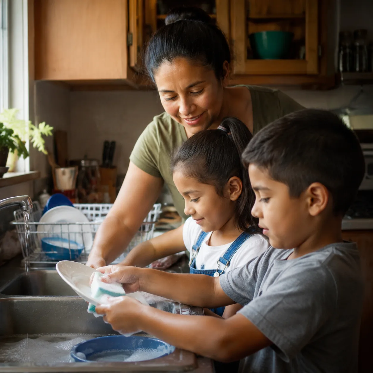 Realistic editorial photo of Latino children helping wash dishes after a family meal while an adult guides them kindly,
