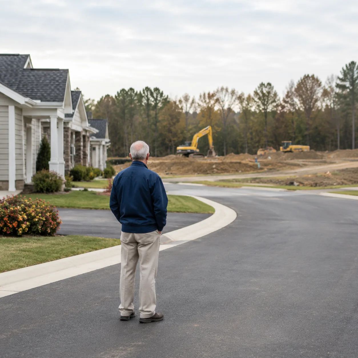 Realistic editorial photo of new construction lots near an occupied retirement community street with an older resident w