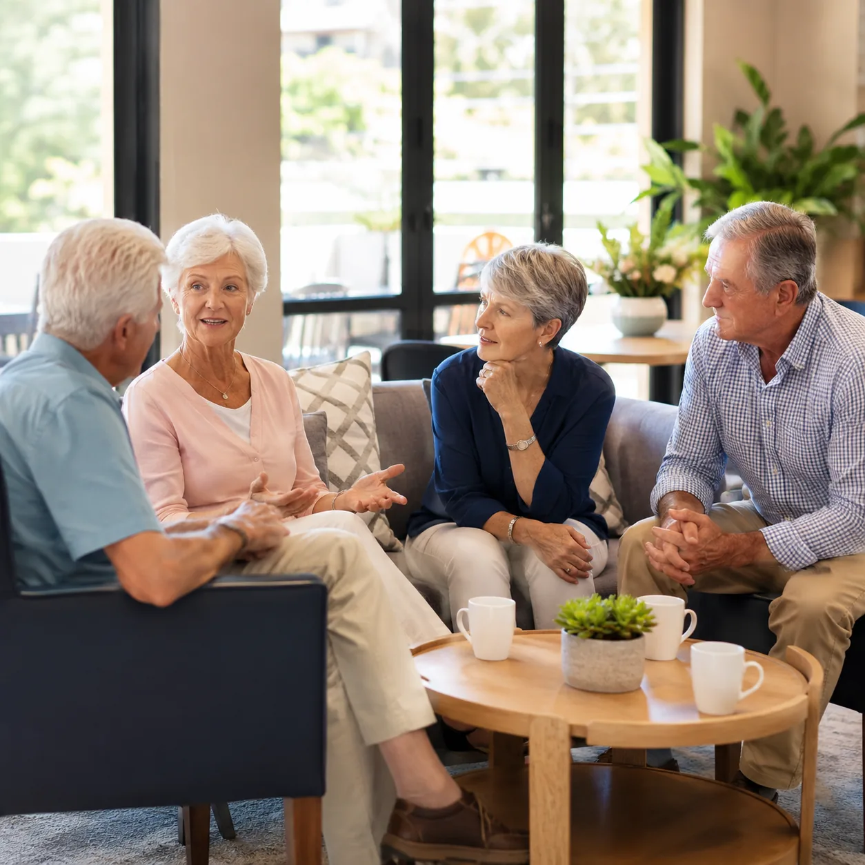 Realistic editorial photo of older residents chatting in a retirement town clubhouse while a new buyer listens thoughtfu