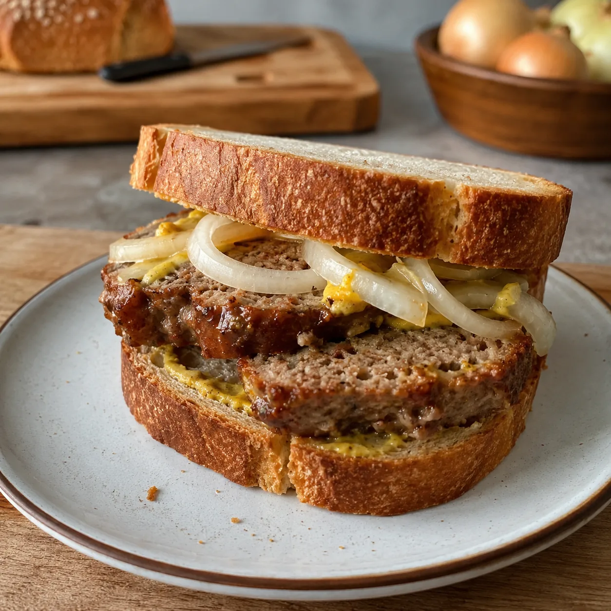 Realistic editorial photo of thick leftover meatloaf slices tucked into bread with onion and mustard on a simple kitchen