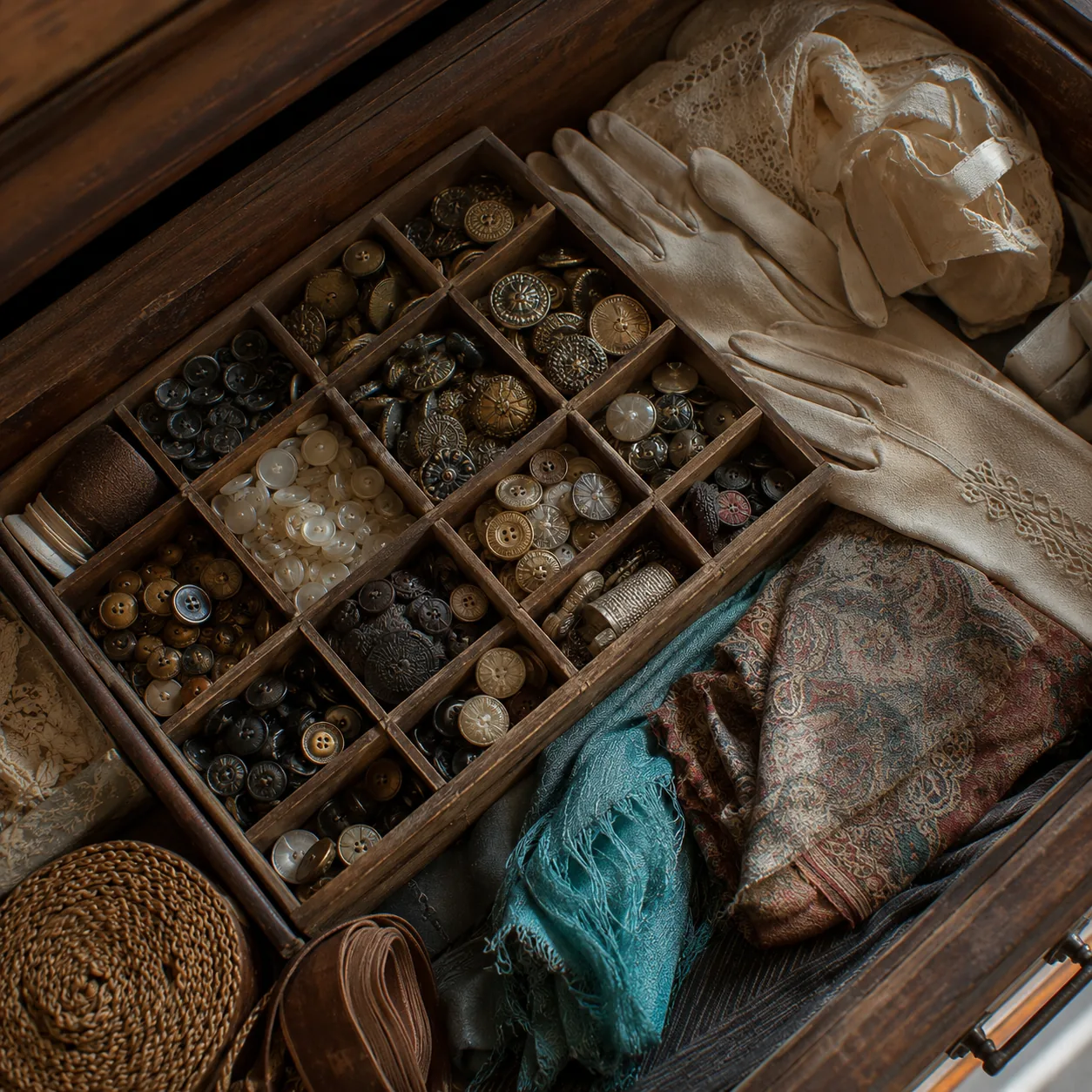Realistic editorial photo of vintage buttons, sewing notions, gloves, and scarves arranged in an old drawer, warm natura