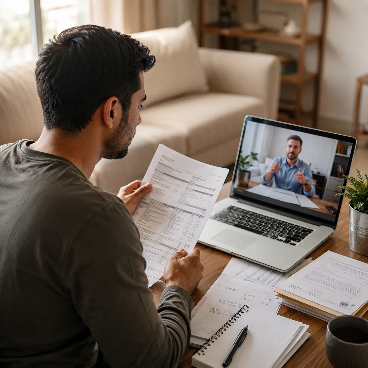 Realistic editorial photo of a buyer comparing online home advice videos with official mortgage paperwork on a laptop, w