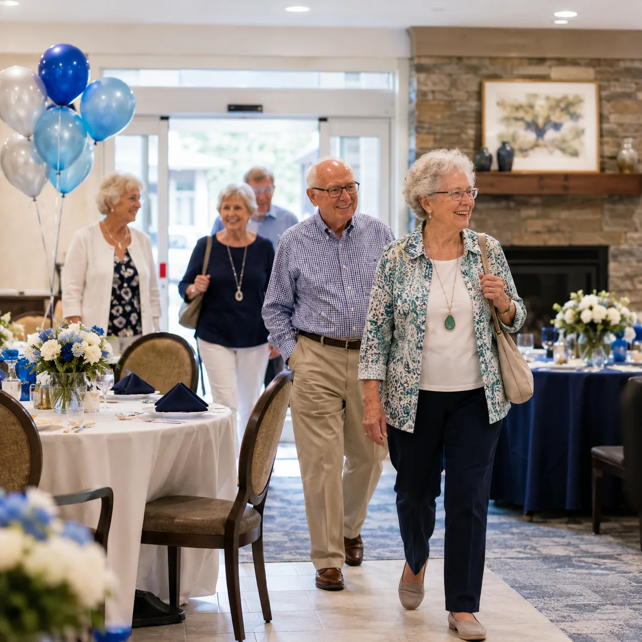 Realistic editorial photo of a cheerful retirement community event setup with tables, decorations, and older residents a