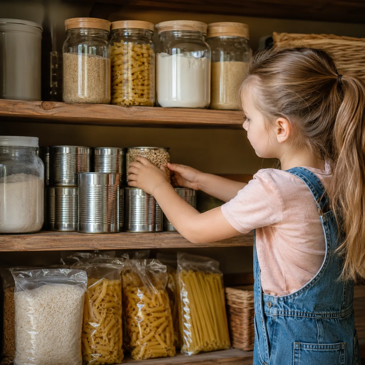 Realistic editorial photo of a child helping organize cans, flour, rice, and pasta on a family pantry shelf, warm natura