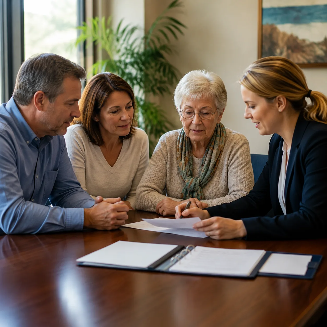 Realistic editorial photo of a family sitting with an assisted living director reviewing a sample invoice and care plan