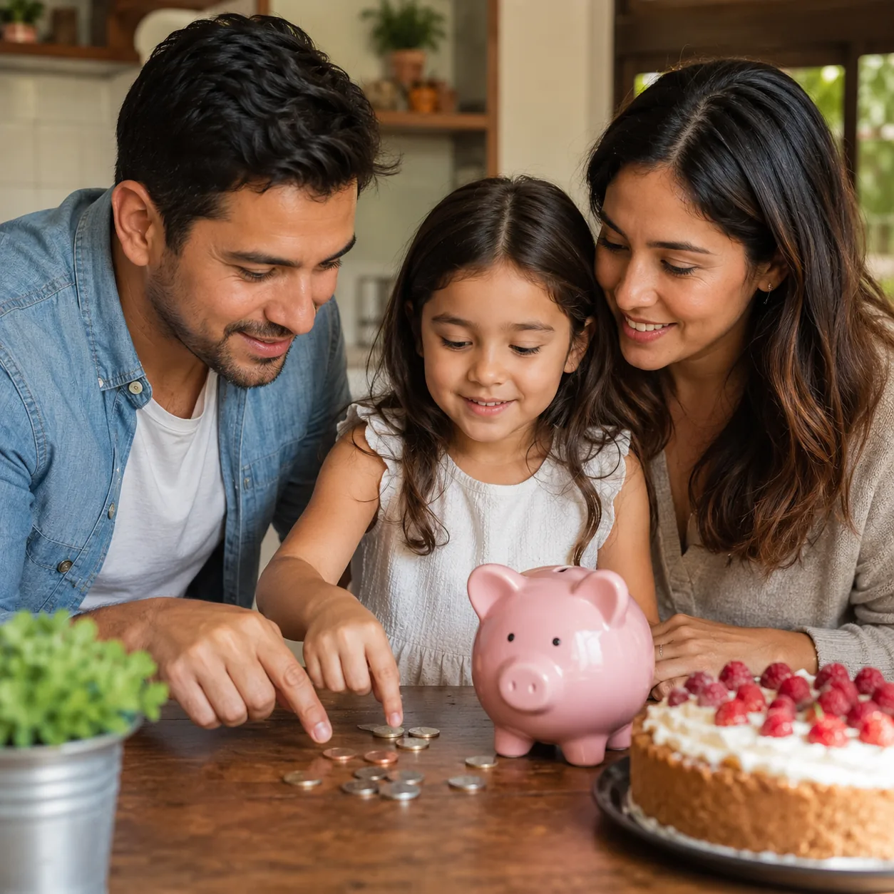 Realistic editorial photo of a family teaching a child to count coins beside a piggy bank and homemade dessert, warm nat