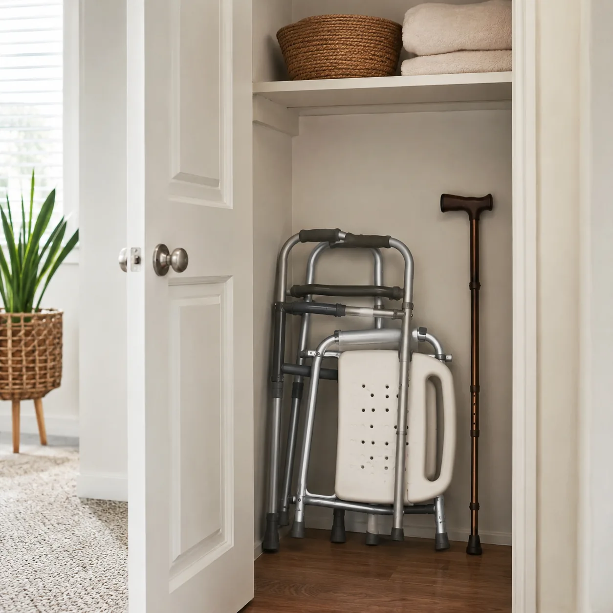 Realistic editorial photo of a folded walker, shower chair, and cane stored neatly in a small closet, practical downsizi