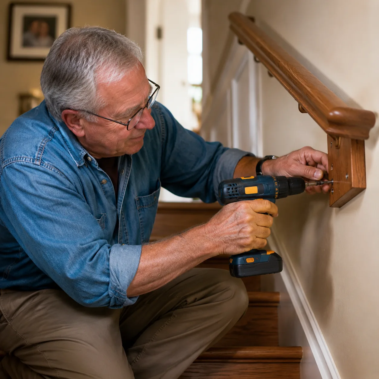 Realistic editorial photo of a grandfather tightening a wooden stair railing bracket with a drill and screws, warm natur