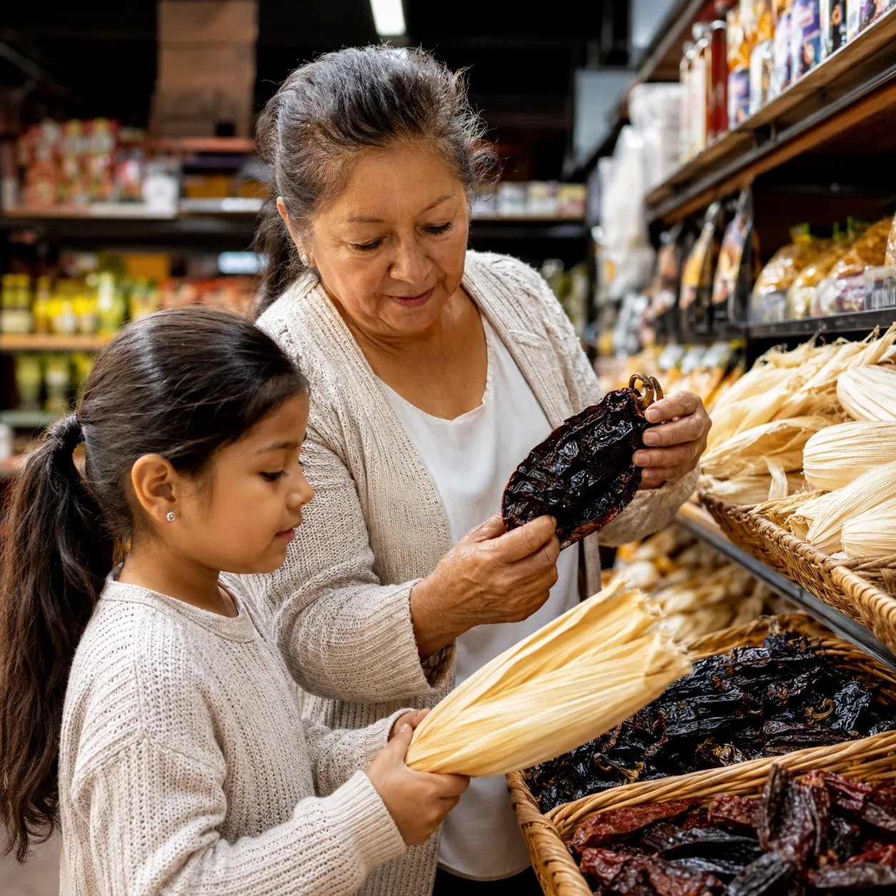 Realistic editorial photo of a grandmother and child comparing dried chiles and corn husks in a Latino grocery aisle, wa