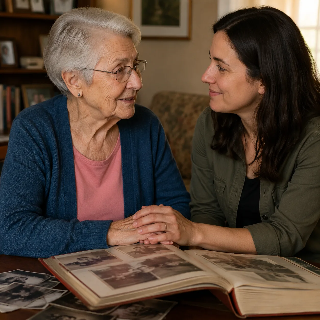 Realistic editorial photo of a grandparent holding hands with an adult grandchild beside a family photo album, warm natu