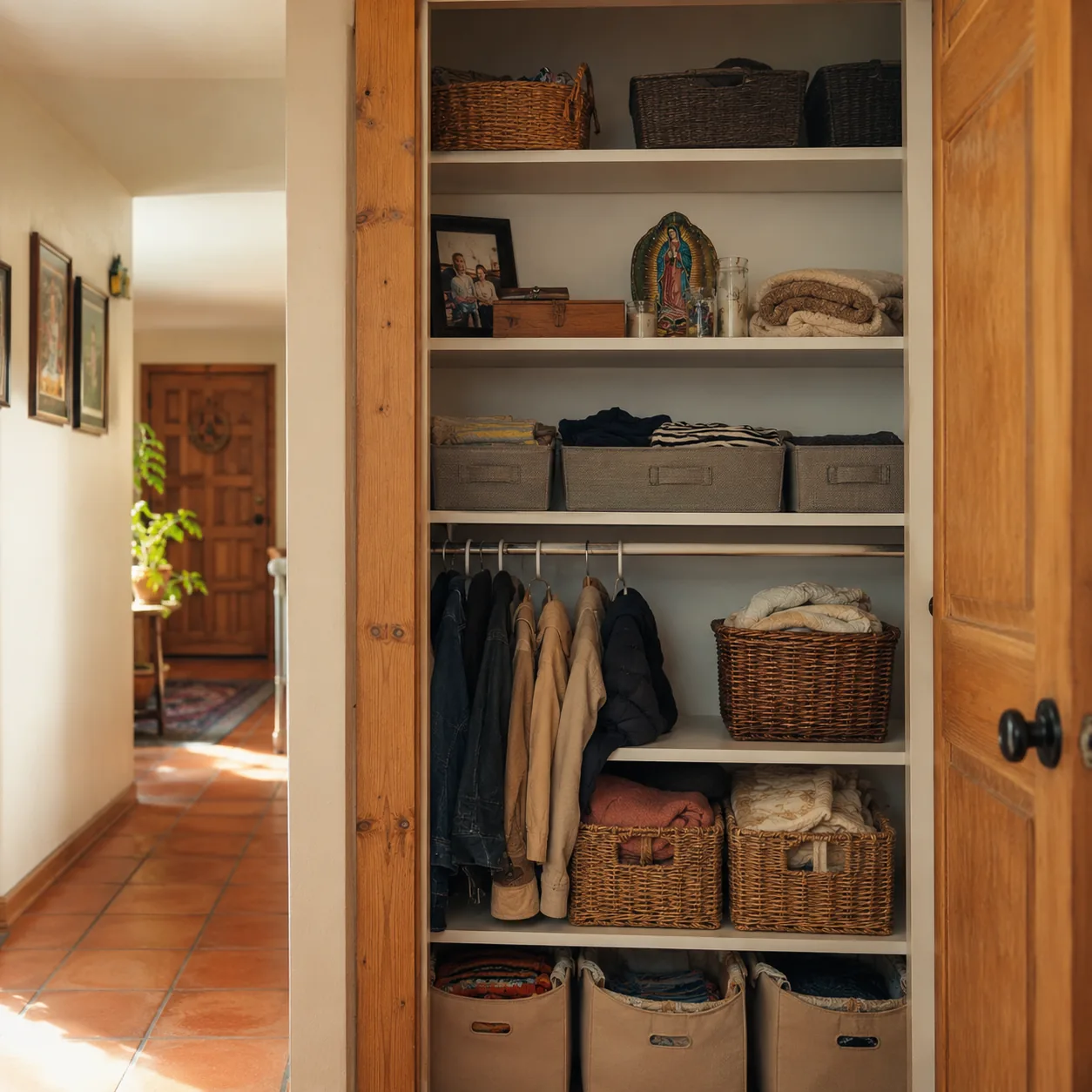 Realistic editorial photo of a hallway closet with coats, blankets, and family keepsakes organized in labeled bins, warm