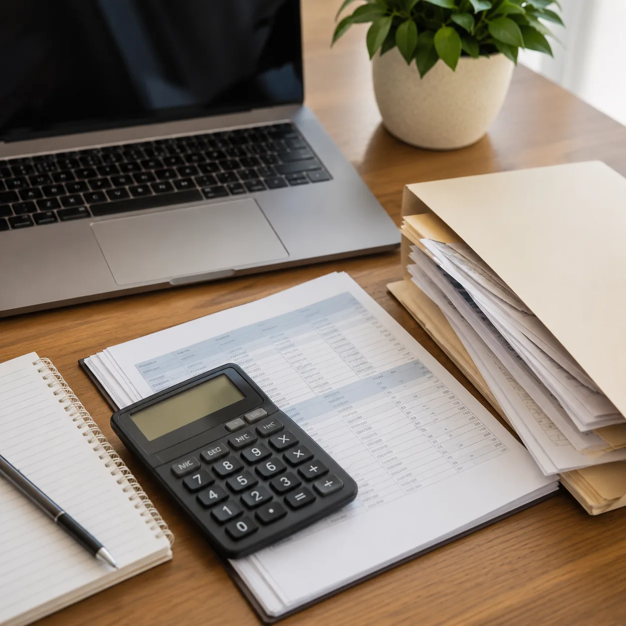 Realistic editorial photo of a laptop, household budget, and eligibility paperwork folder on a desk, practical consumer