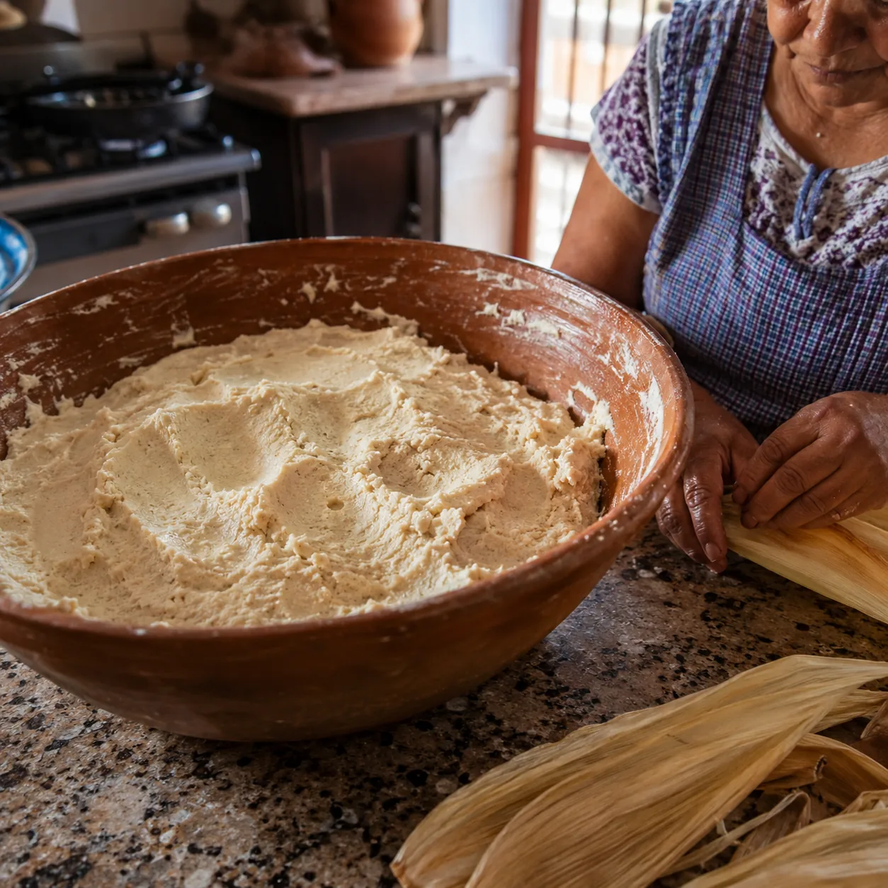 Realistic editorial photo of a large mixing bowl with masa or dough on a kitchen counter beside an older woman's hands,