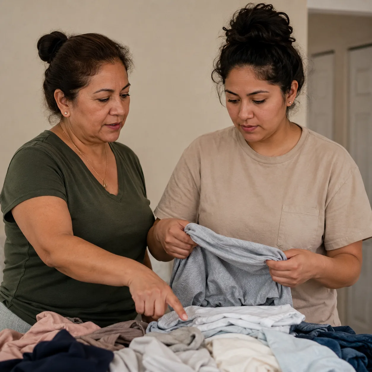 Realistic editorial photo of a Latina mother teaching an adult child to fold laundry and tidy a shared home, warm natura
