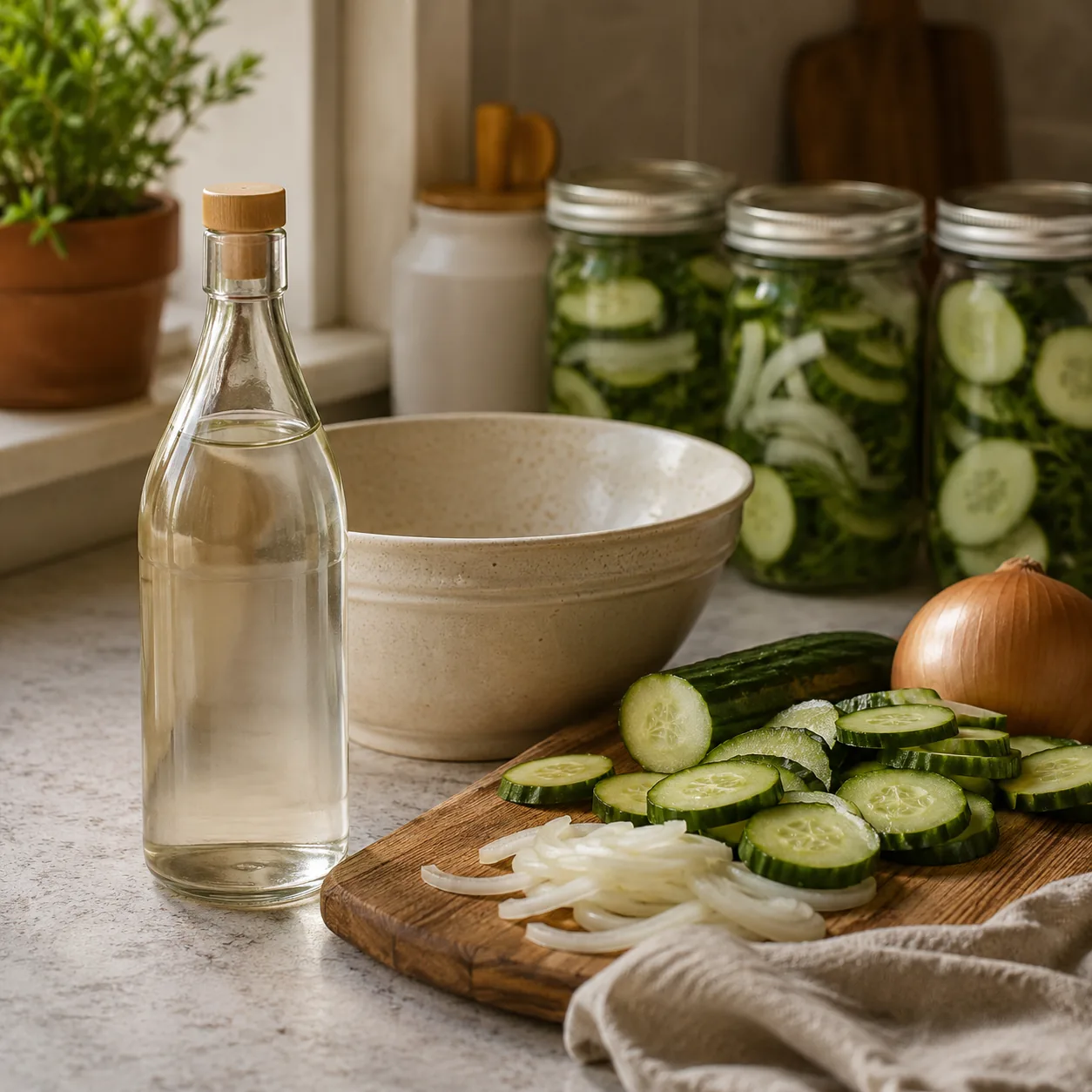 Realistic editorial photo of a plain bottle of vinegar beside cucumbers, onions, and a mixing bowl on a kitchen counter,