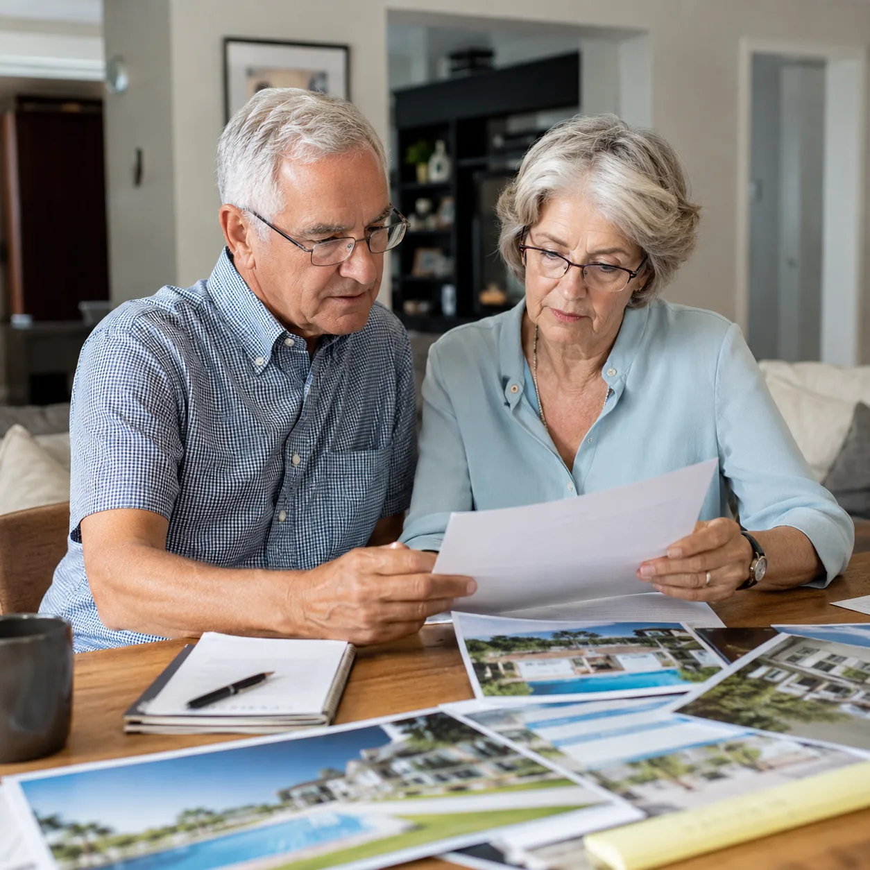 Realistic editorial photo of a retired couple reading community bylaws at home after a tour with brochures and notes on
