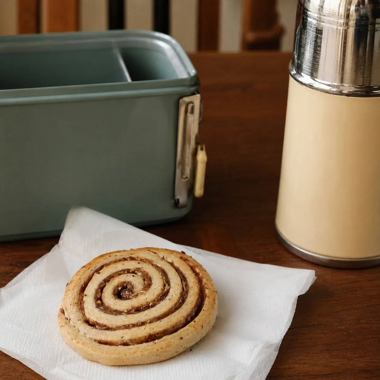 Realistic editorial photo of a spiral toaster pastry-style snack on a napkin beside a lunchbox and thermos, practical 19