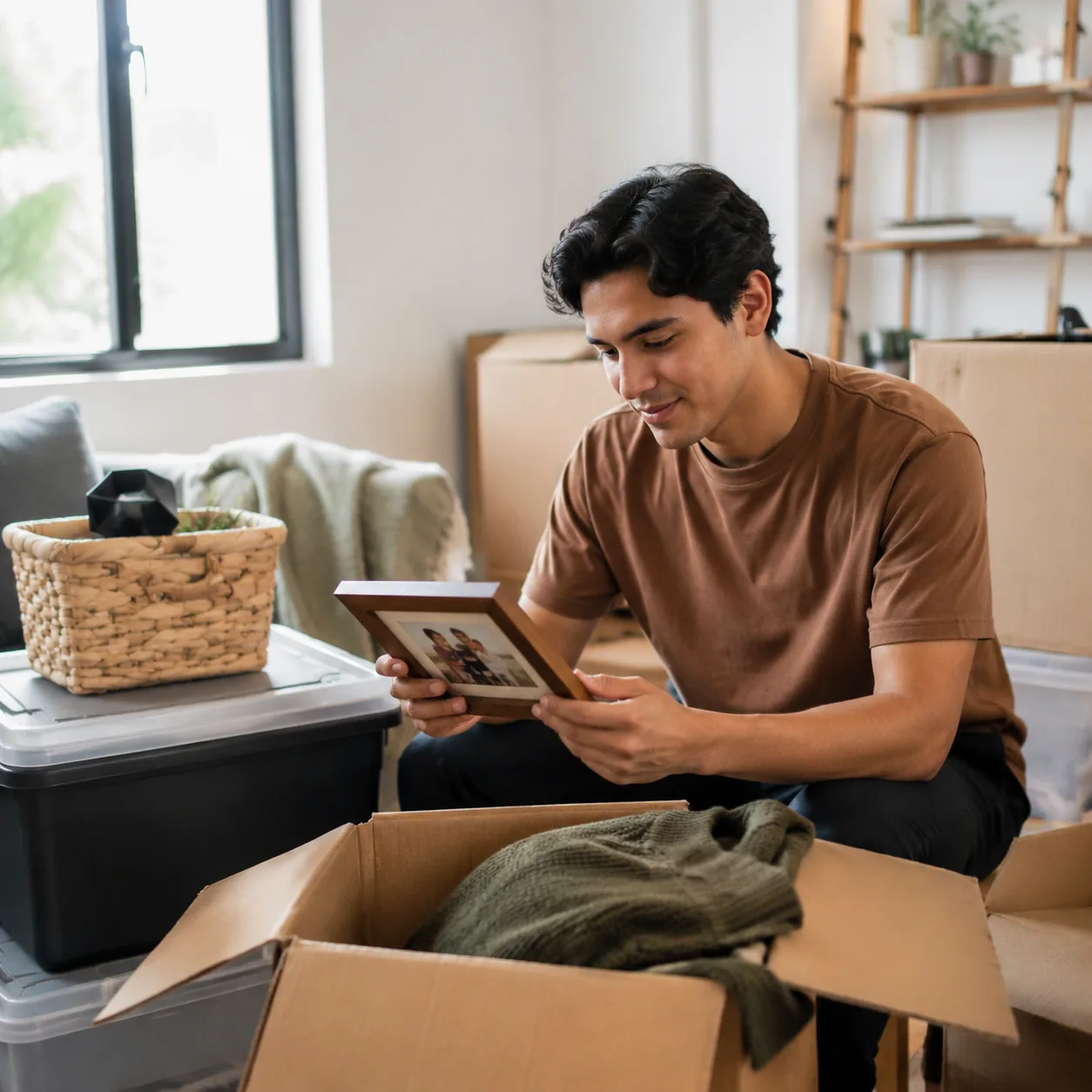 Realistic editorial photo of a young Latino adult in a first apartment unpacking family containers, a sweater, and a sma