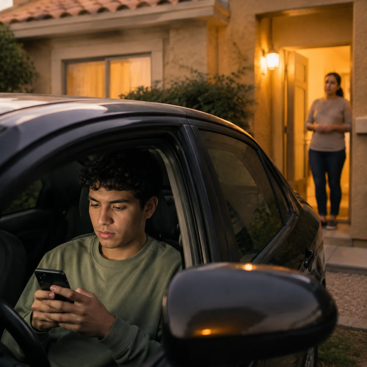 Realistic editorial photo of a young Latino adult texting from a car parked outside while a parent waits near a glowing