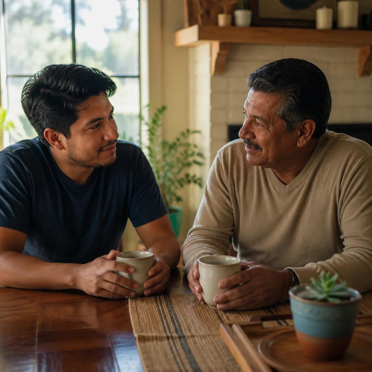 Realistic editorial photo of an adult Latino child and parent talking over coffee during a quiet morning visit, warm nat
