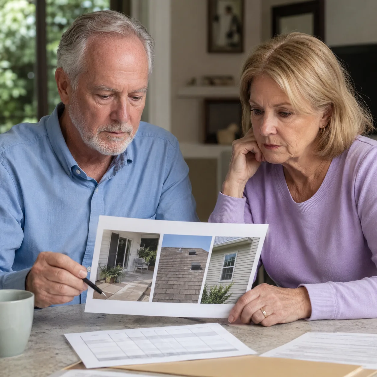 Realistic editorial photo of an older couple comparing a maintenance responsibility chart with photos of a patio, roof,