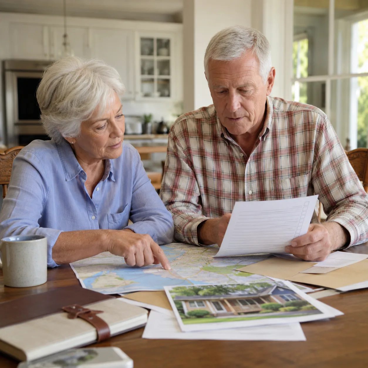 Realistic editorial photo of an older couple looking at a map, home documents, and moving checklist at a dining table, p