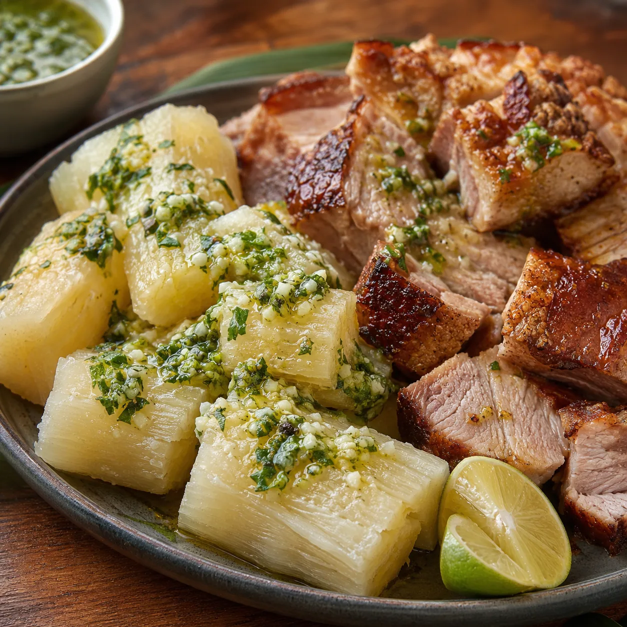 Realistic editorial photo of boiled yuca with garlic mojo sauce on a serving plate beside roasted pork and lime wedges,
