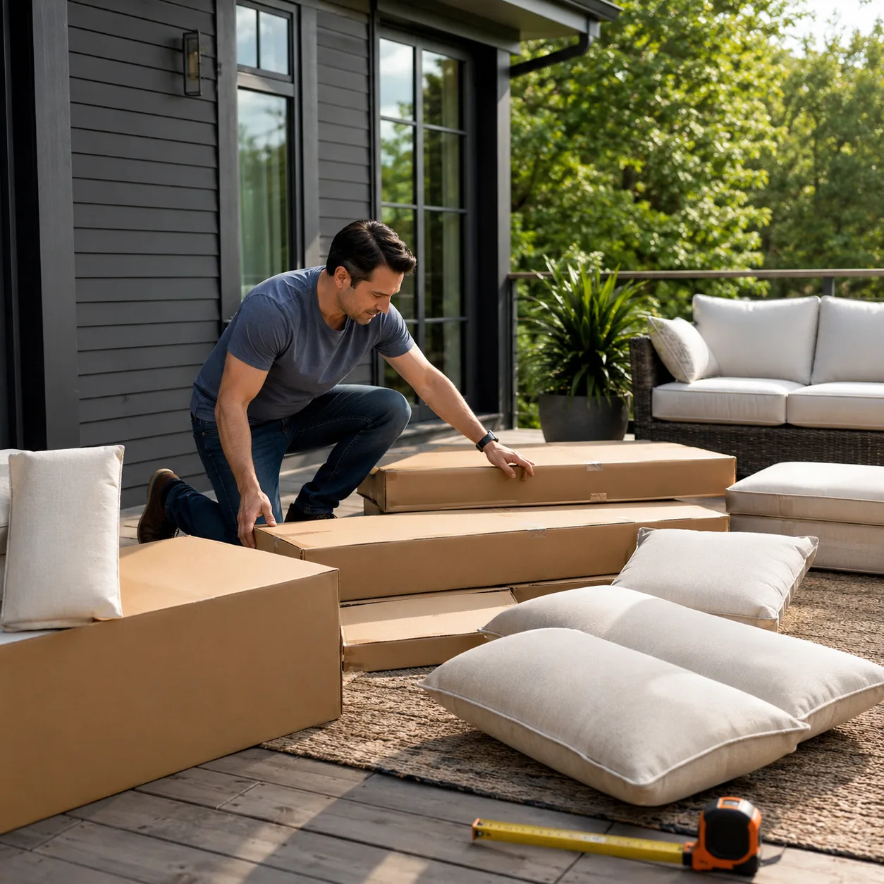Realistic editorial photo of boxed patio furniture pieces being arranged on a deck with cushions and measuring tape, pra