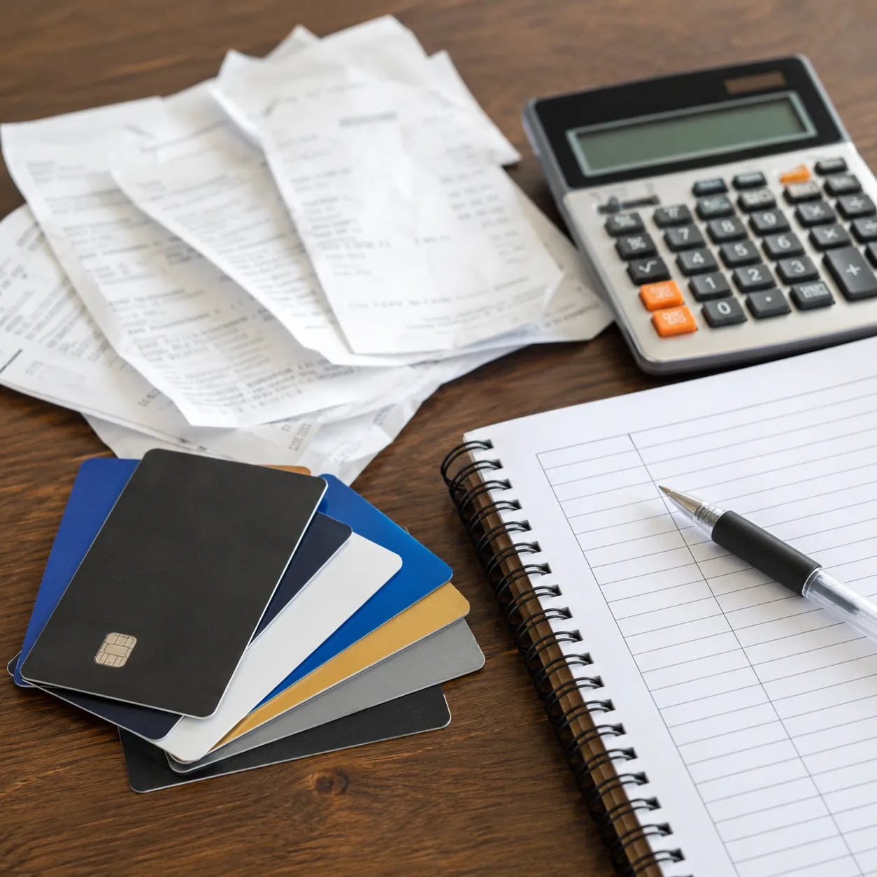 Realistic editorial photo of membership cards, receipts, calculator, and budget notebook on a table, practical consumer