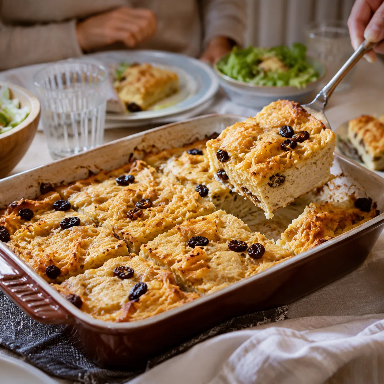 Realistic editorial photo of noodle kugel squares in a baking dish with raisins and a golden top on a dining table, prac