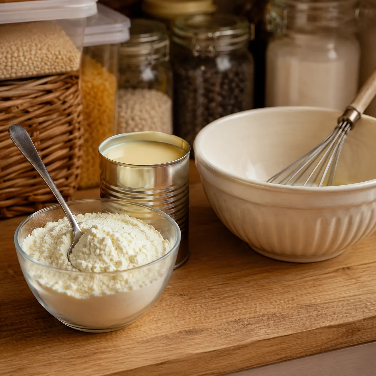 Realistic editorial photo of powdered milk, evaporated milk, and a mixing bowl on a pantry counter, practical backup dai