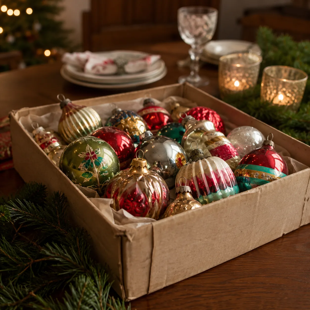Realistic editorial photo of vintage glass Christmas ornaments in a shallow box on a dining table, warm holiday light, 1