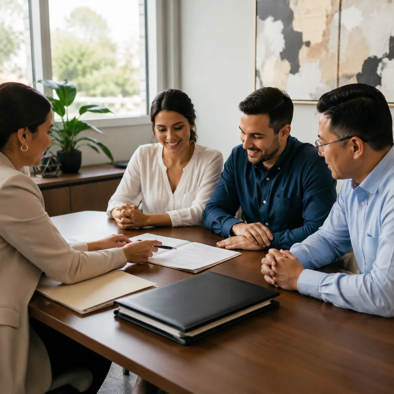 Realistic editorial photo of a bilingual real estate closing table with buyers, agent, and organized folders, bright pro